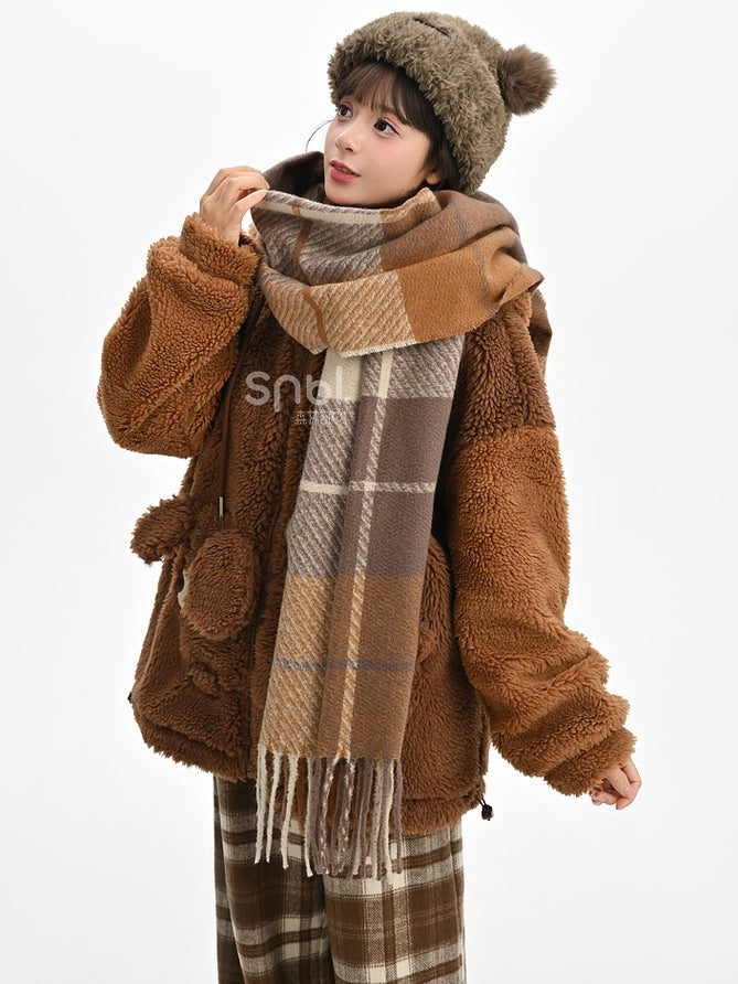 Brown Cute Puppy Pocket Design Fleece Zip Hoodie