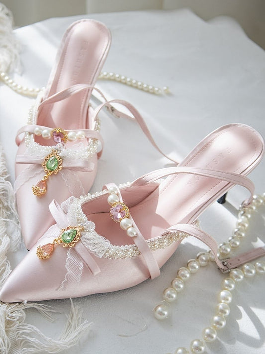 Pink Slingback at High Rhinestone Vintage Bow Top Sandals Heels Charm