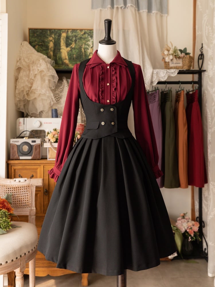 Black Elegant Midi Length High Waist Pleated Hem Classic Lolita Skirt