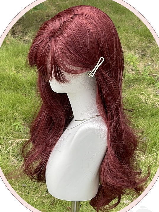Rose Red Long Wavy Synthetic Wig With Bangs