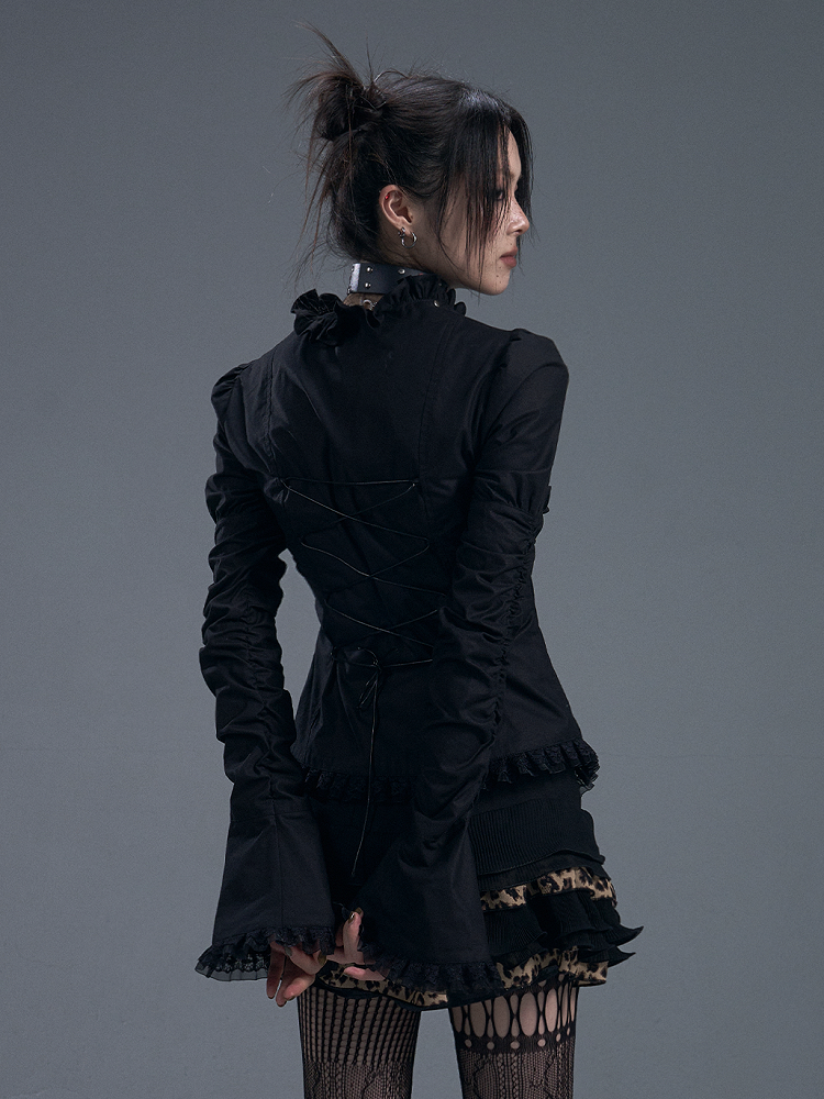 Lace-Trimmed Zipped Black Gothic Vintage Top