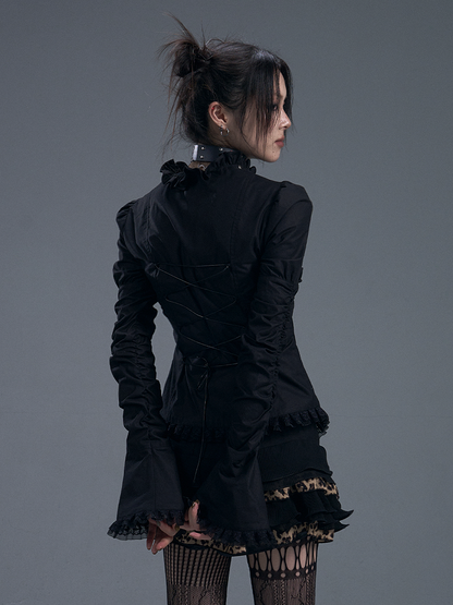 Lace-Trimmed Zipped Black Gothic Vintage Top