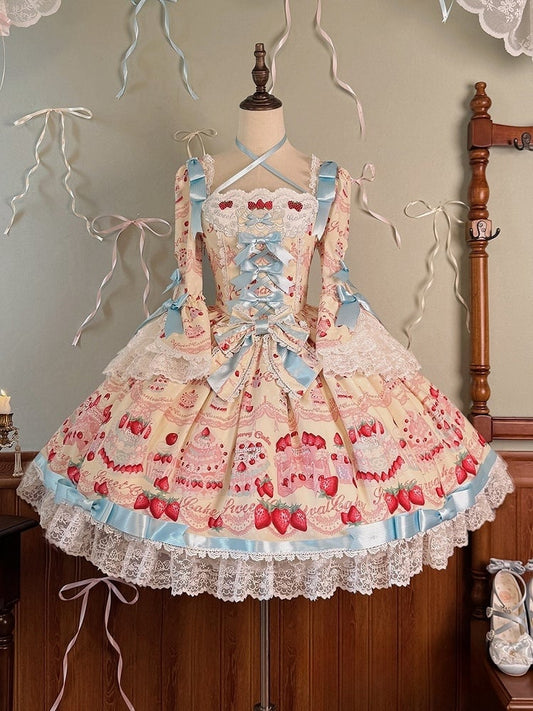 Stück Lange Glocke Ein Gelbes Kleid Mit Süßen Erdbeerärmeln Lolita Kuchendruck