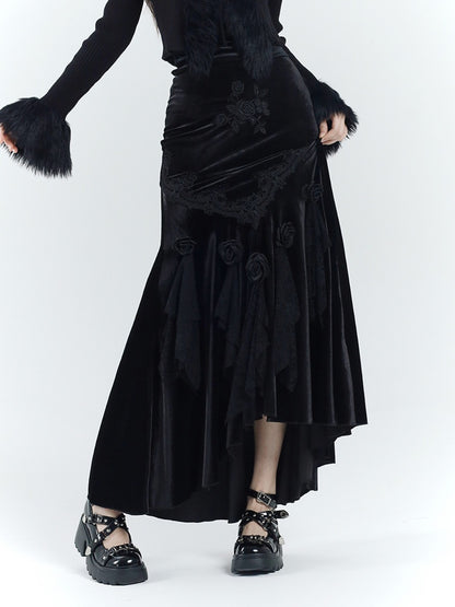 Gothic Black Velvet Rosette Lace Trim High-low Mermaid Skirt
