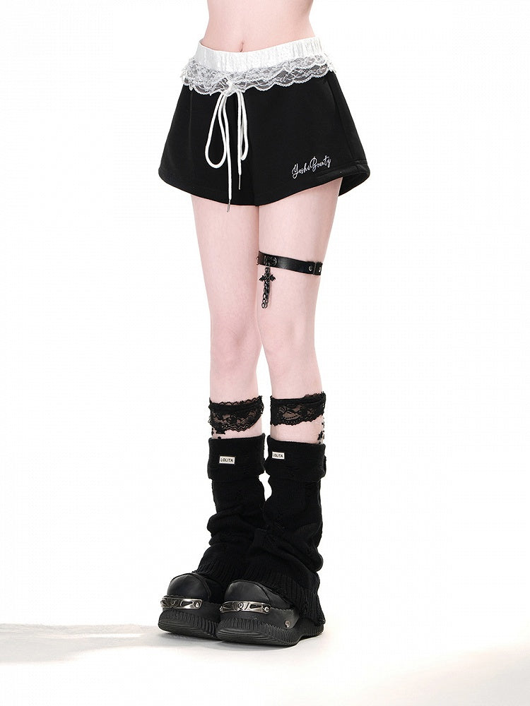Trim Glamorous Waist Sports Wide-Leg Shorts Lace Black Drawstring