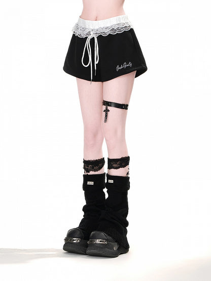 Trim Glamorous Waist Sports Wide-Leg Shorts Lace Black Drawstring