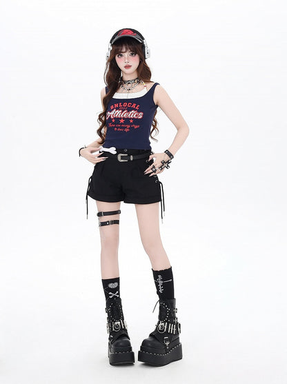 Faux Red Navy Blue/White  Two-pieces Tank Top Letter Print Vintage Glamorous
