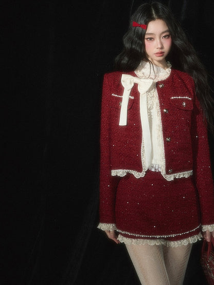 Christmas Red Tweed Cropped Jacket  Lace Trim Bowknot and Bead Details