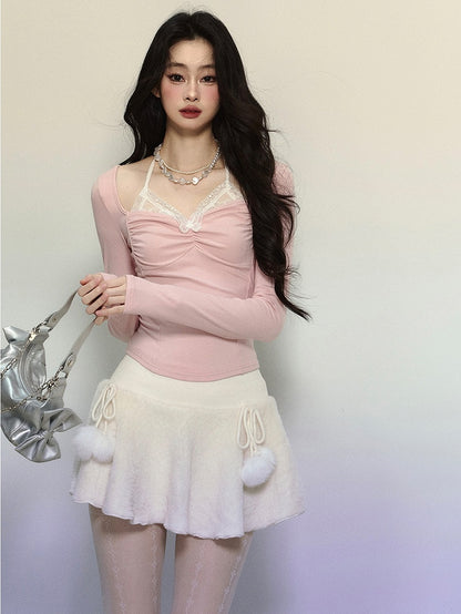 Pink Lace Butterfly Cutout Halter Neck Long Sleeves Top