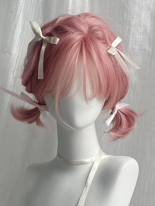Pink Short Wavy Synthetic Wig With Bangs