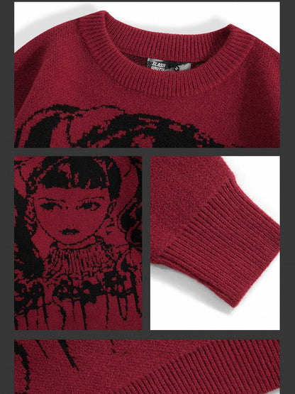 Wine Red/Black Y2K Girl Pattern Sweater with Free Choker