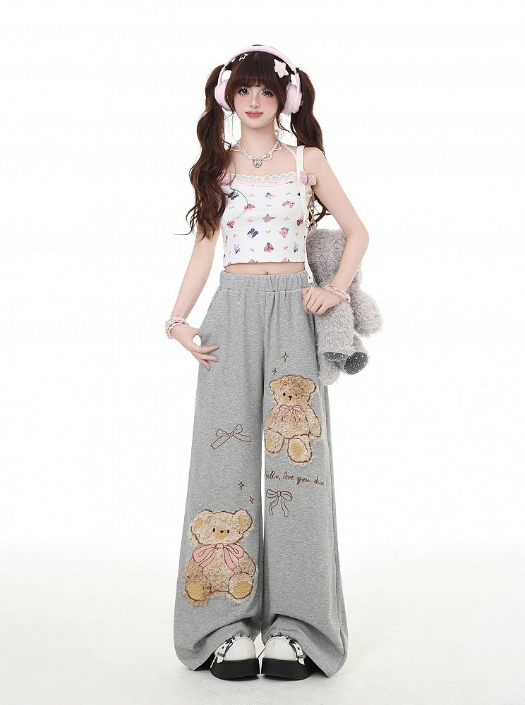 Coffee/Gray Plush Teddy Bear Applique Straight-Leg Pants