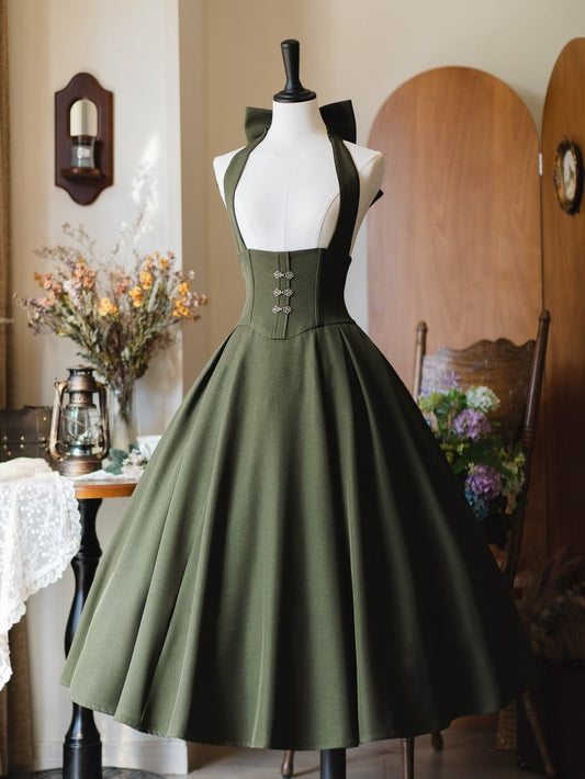 Green Long Version Vintage Boned Corset Belt High Waist Skirt with Detachable Halter Strap