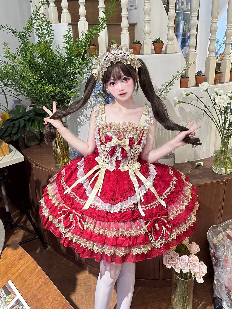 Dress Red Princess Tiered Decorated Bead Skirt Bows Lolita Chain