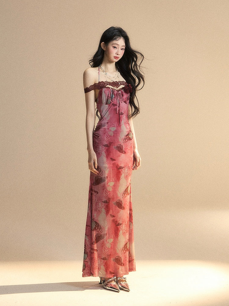 Dress Neck Accents Brick Long Red Halter Version Butterfly Print Backless Bodycon Rosette