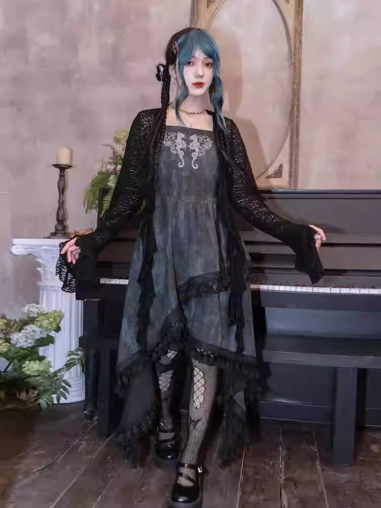Cardigan Asymmetrical Hollow-out Hem Bell Ruffled Black Lace Sleeves