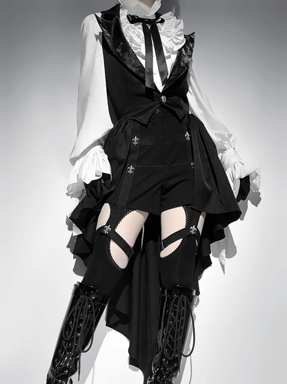 Black Blazer Lolita Prince Ouji Waistcoat Cascading Ruffle Collar Tailed