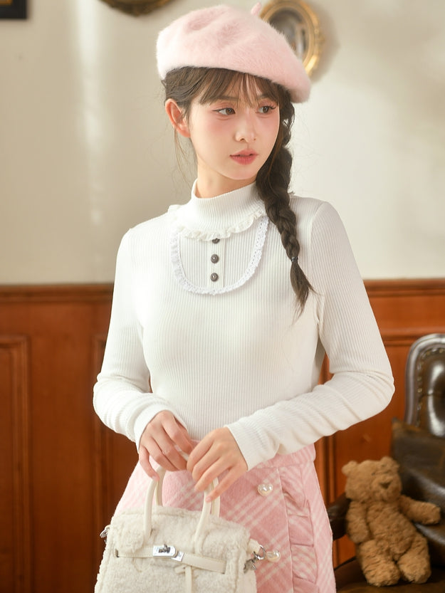 White High Neck Lace Trim Long Sleeves Top