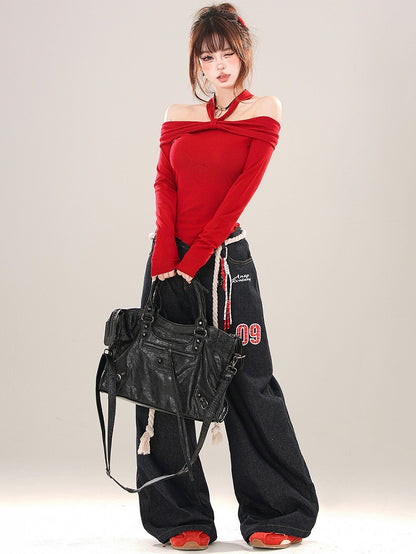 Haut dos nu asymétrique noir/rouge à ourlet fendu