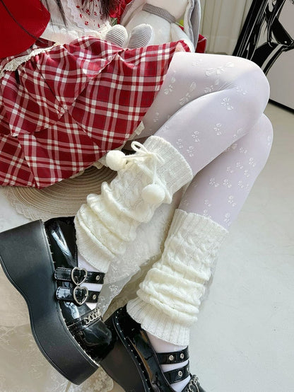 Sweet Lolita White Pompons Knitted Leg Warmers