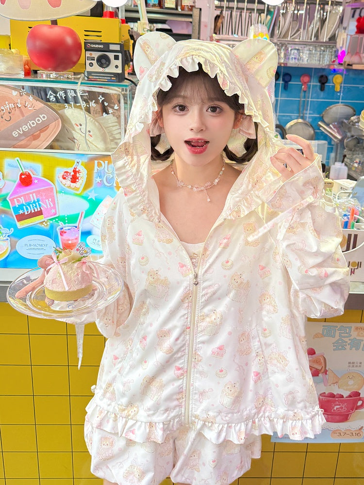 Cuffs Kitty Beige Allover Kitty Print Hood Sun Protection Jacket Ears Drawstring