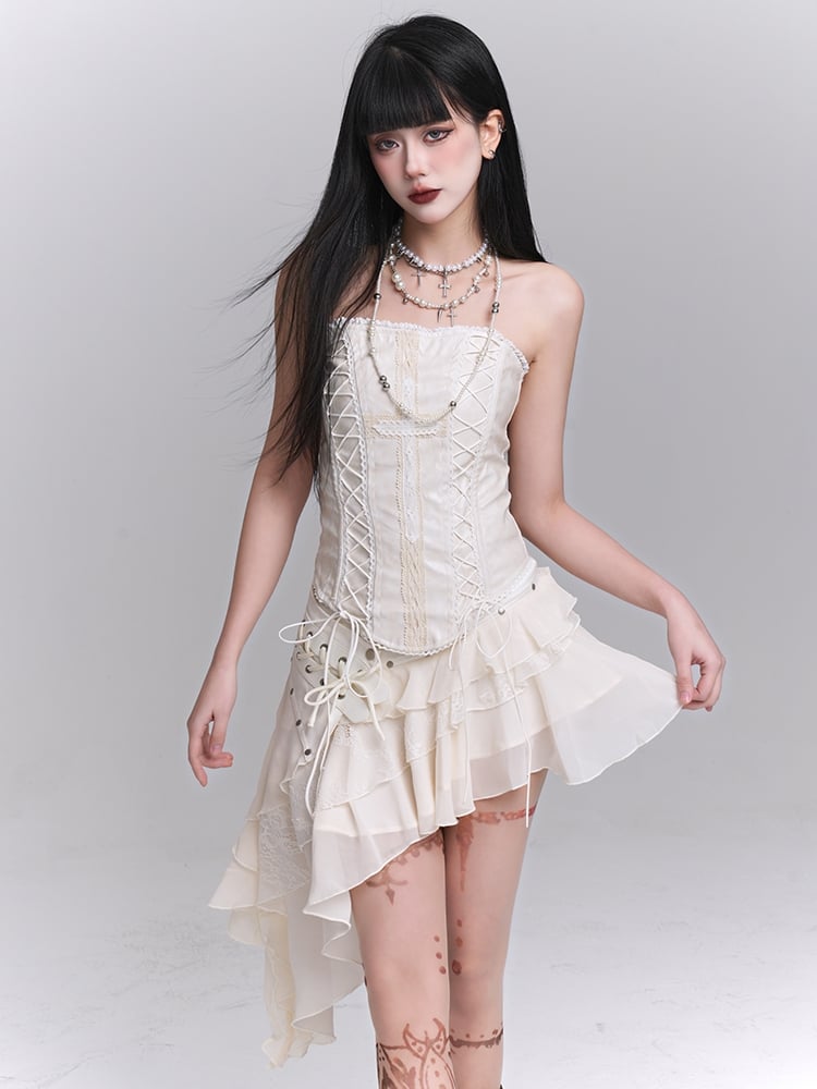 Asymmetrical Hem Tiered Skirt Strapless Top Lace Lace-up Beige Cross Applique /