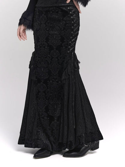 Black Velvet Mermaid Skirt with Lace-up Detail at Side