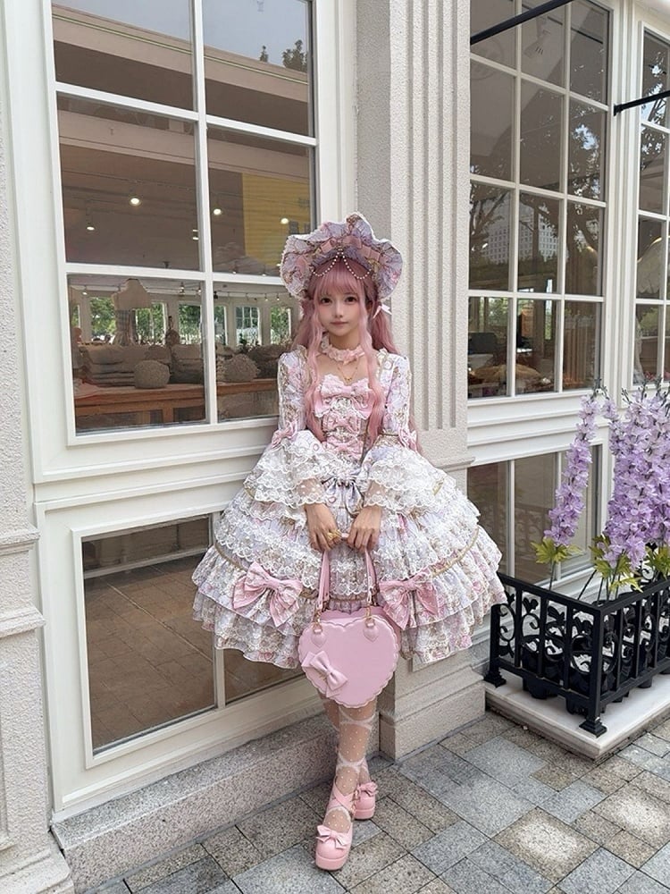 Floral Lolita OP Print Bow and Dress Purple Sleeves Trim with Bell Accents Lace