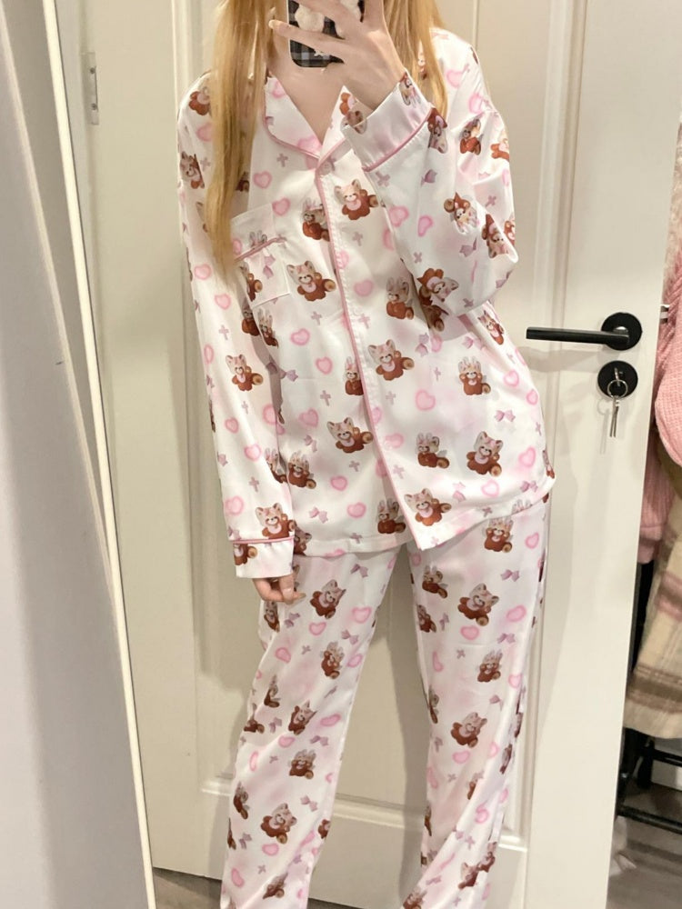 White Pink Cute Red Panda Print Pajama Set