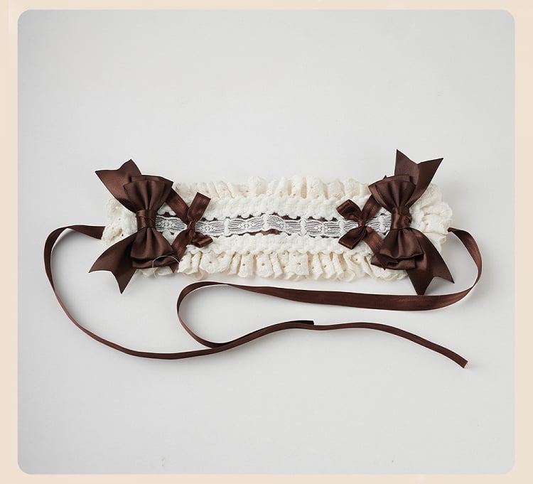 Serre-tête à volants en dentelle avec nœuds café Sweet Lolita