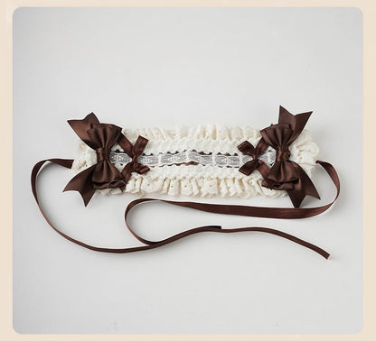 Serre-tête à volants en dentelle avec nœuds café Sweet Lolita