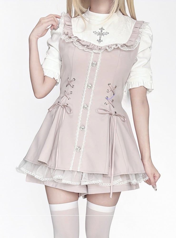 Coord Jirai Bow Bib Dress Kei Short Set: Pink Tie with Sleeve