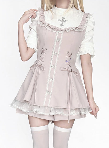 Coord Jirai Bow Bib Dress Kei Short Set: Pink Tie with Sleeve