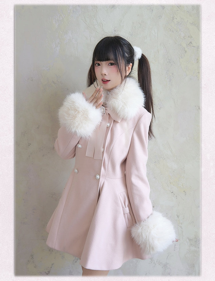 Pink Coat Detachable Jirai Kei Big Bow Fluffy Collar and Cuffs Breasted with Rhinestone Double