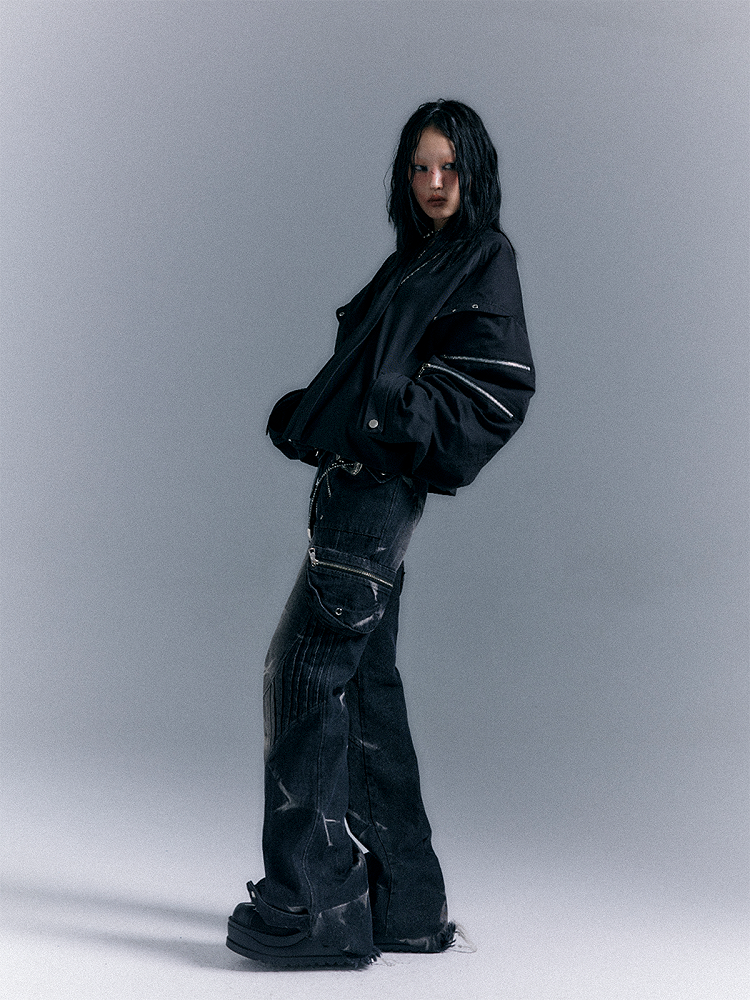 Washed Zippered Flare Black-Grey Studs Jeans Pockets Punk With