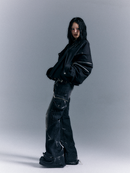 Washed Zippered Flare Black-Grey Studs Jeans Pockets Punk With