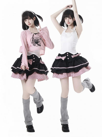 Tiered Skirt with Detachable Bows Black and Pink Polka-dot Pattern
