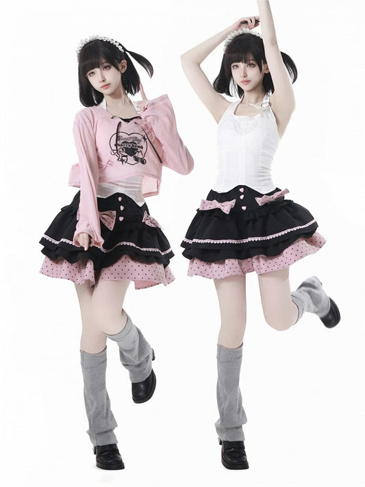 Tiered Skirt with Detachable Bows Black and Pink Polka-dot Pattern