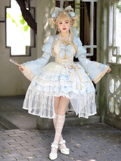 Baskenblaues, abnehmbares Lolita-Hals-Qi-Neckholder-Kleid mit gestuftem Rock und Taille