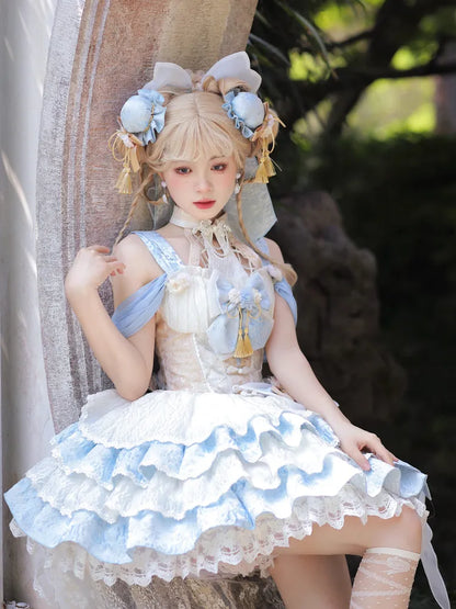 Baskenblaues, abnehmbares Lolita-Hals-Qi-Neckholder-Kleid mit gestuftem Rock und Taille