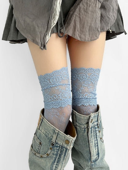 Lace Stockings Gray/White/Brown/Blue/Black Trim Over-knee Hollow-out Design