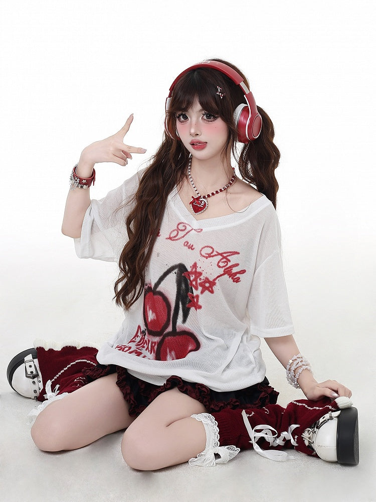 T-Shirt White Semi-Sheer V-Neck Cherry Print Sun Protection Bittersweet