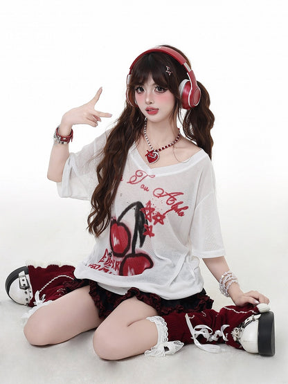 T-Shirt White Semi-Sheer V-Neck Cherry Print Sun Protection Bittersweet