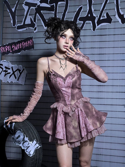 Slip Denim Y2K Totem Embroidery with Punk Ruffles Dress Dusty Pink Studded Tiered Tulle Rhinestoned