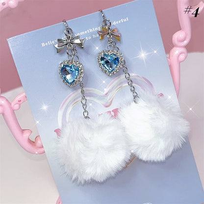 Pompons & Rhinestone Detail Jirai Kei Ear Clips