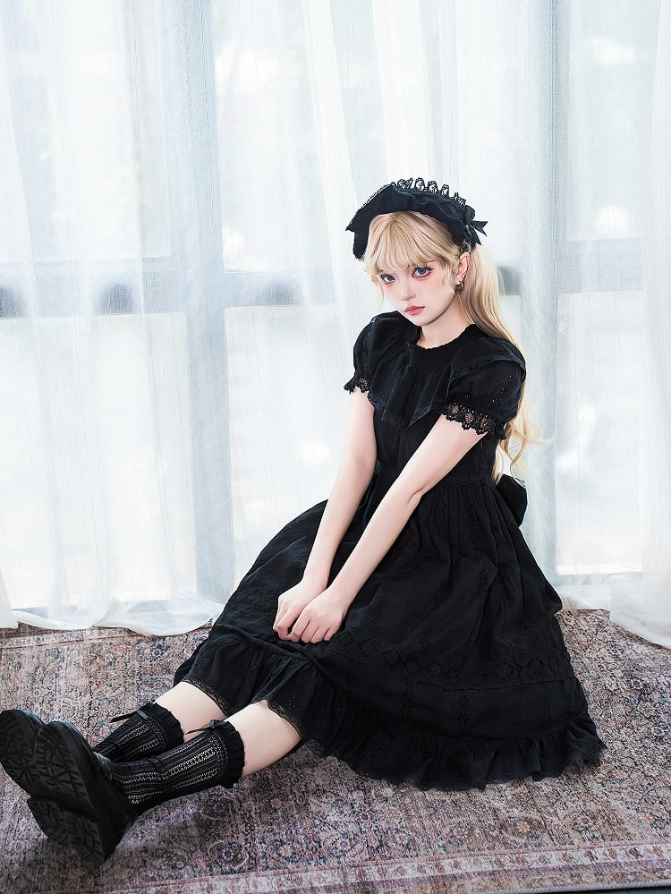 Sweet Lolita Dress Kuro Puff High Black Cotton Sleeves Waist
