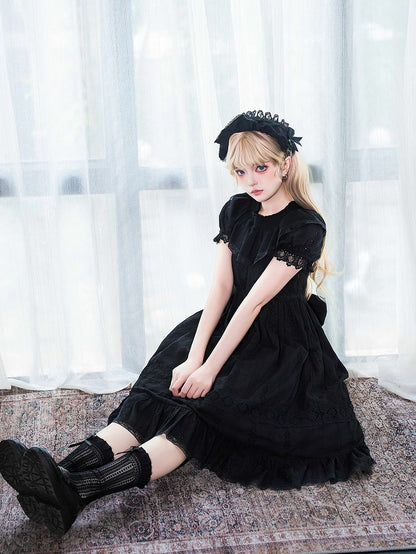 Sweet Lolita Dress Kuro Puff High Black Cotton Sleeves Waist