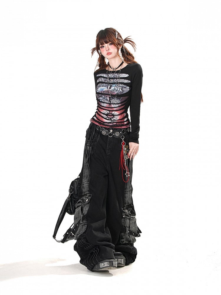 Pockets Black Wide-Leg Jeans Faded Wash Cargo Loose Acubi Fashion