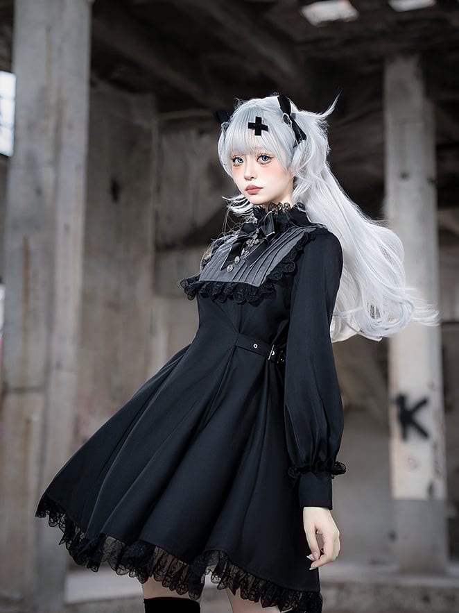 Lolita Black Long and Gray Dress Jirai Kei-inspired Sleeves
