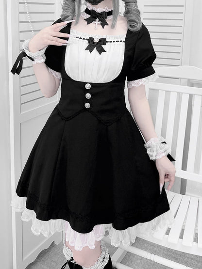 Puff Design White Sleeves Full Jirai Trim Black Corset Kei Dress Lace Belt Set- and